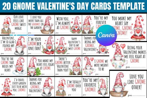 20 Editable Gnome Valentine’s Day Cards: Canva Graphics