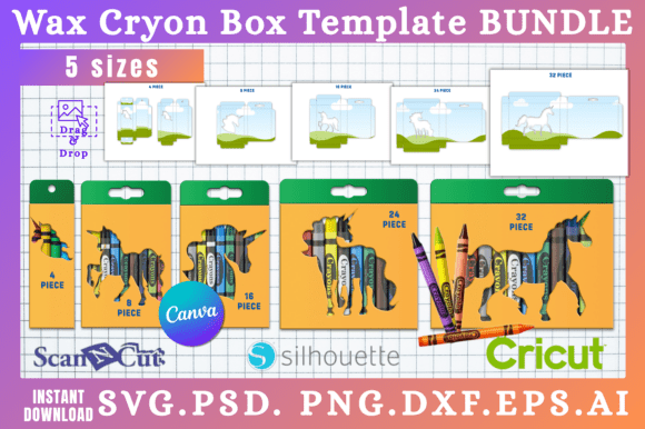 5 Sizes Unicorn Crayon Box SVG Template for Canva Graphics