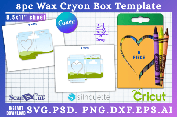8pc Wax Crayon Box with Heart Cut Out Graphics for Canva