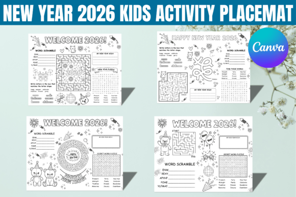 New Year 2026 Kids Activity Placemat Graphics for Canva